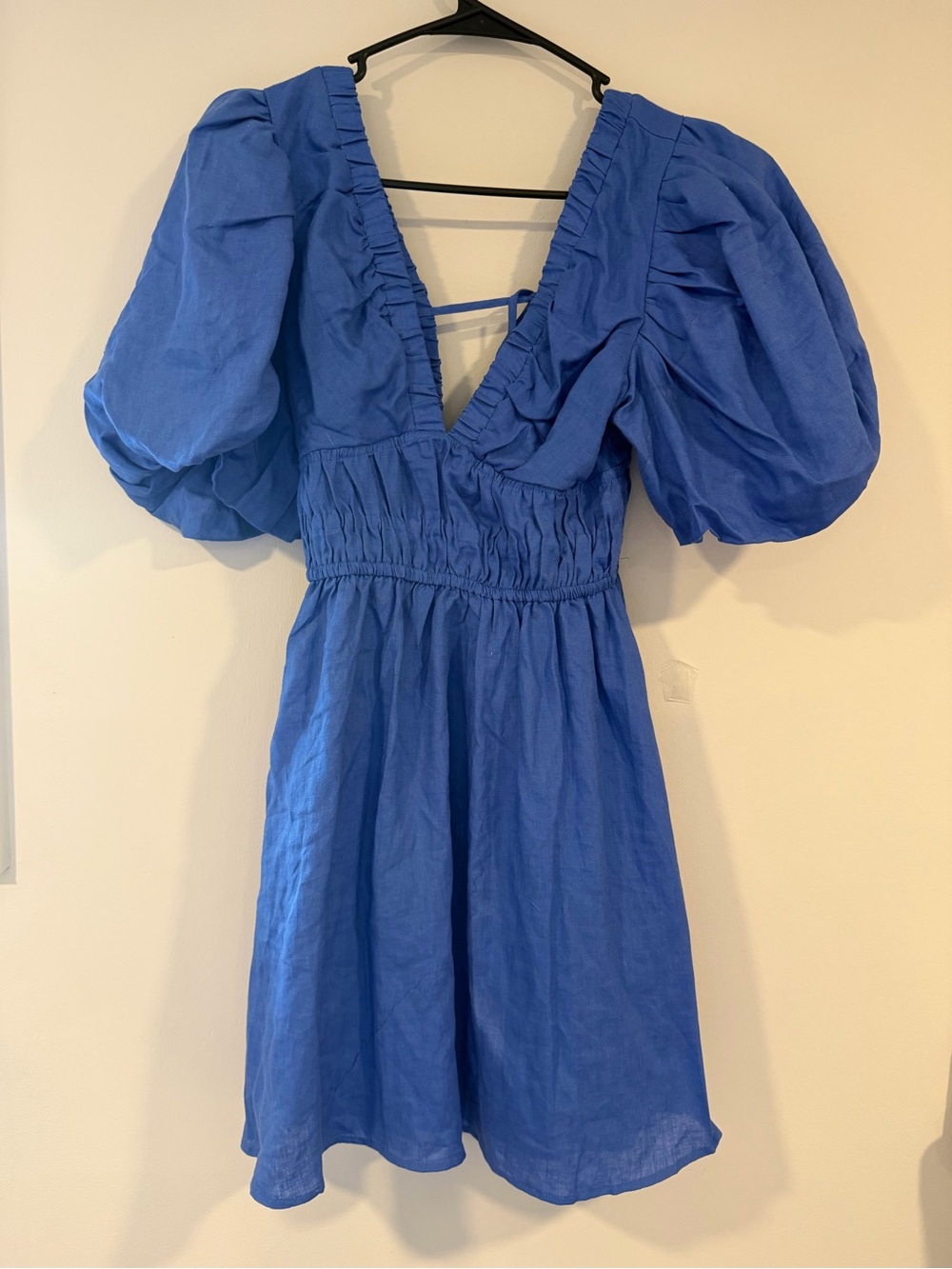 Women's Puff Sleeve V-Neck Mini Dress - Blue NWT Amalie